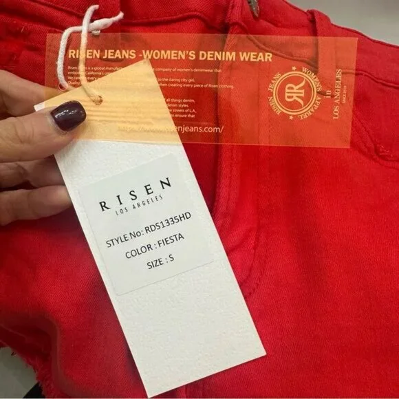 Risen Jeans Fiesta Red Denim Frayed Shorts size small NWT - Picture 6 of 9